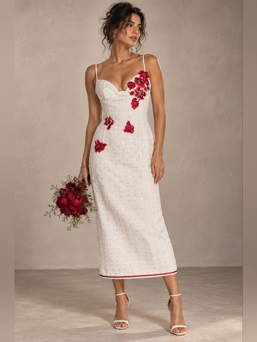 White Tweed Bridal Midi Dress with Red Floral Appliqué | Reworked Holiday Midi